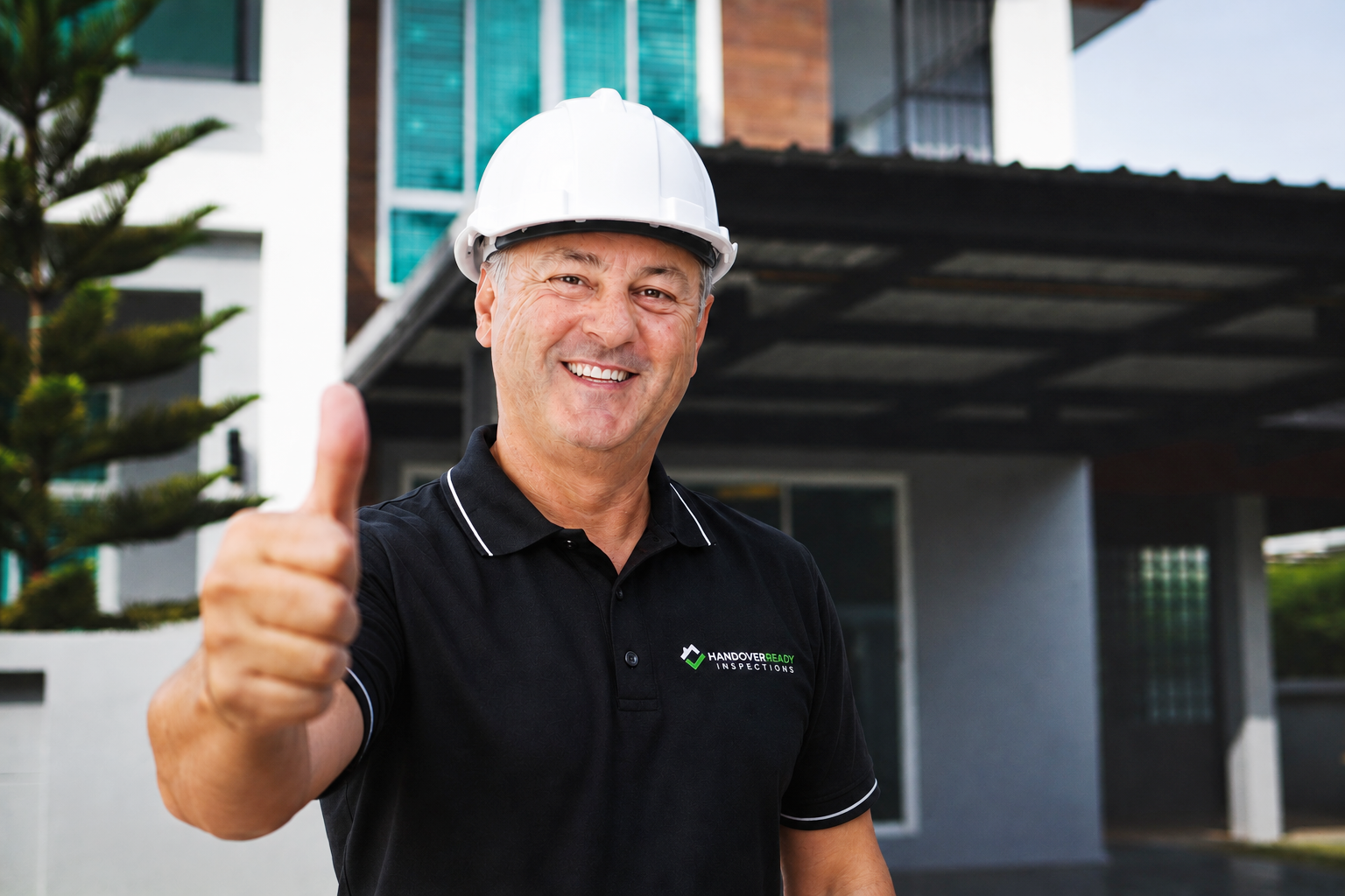 A smiling man wearing a black polo shirt and a white safety helmet, giving a thumbs-up in front of a modern building under construction.