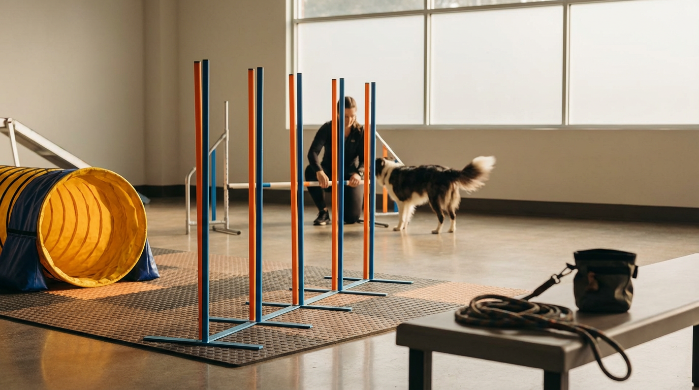 Dog and woman in an agility training room with hurdles, tunnel, and leash on a bench.