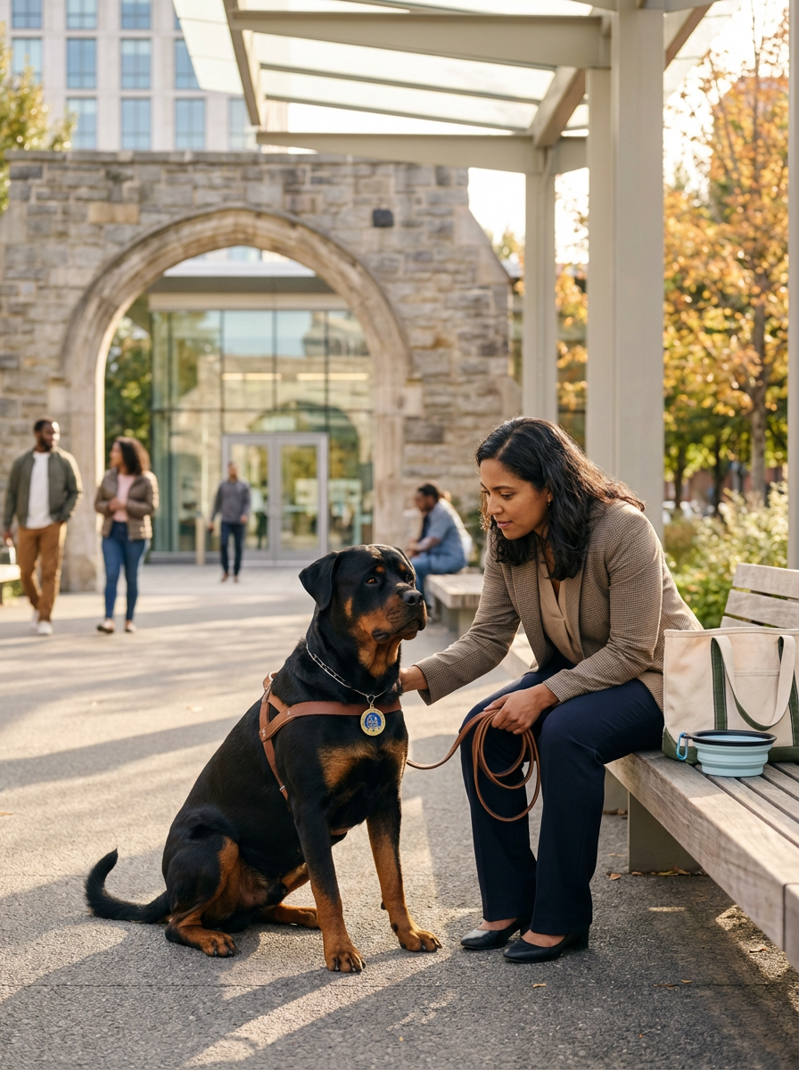 A woman sitting on a park bench petting a Rottweiler dog in a city park during autumn, with a stone archway and people walking in the background.