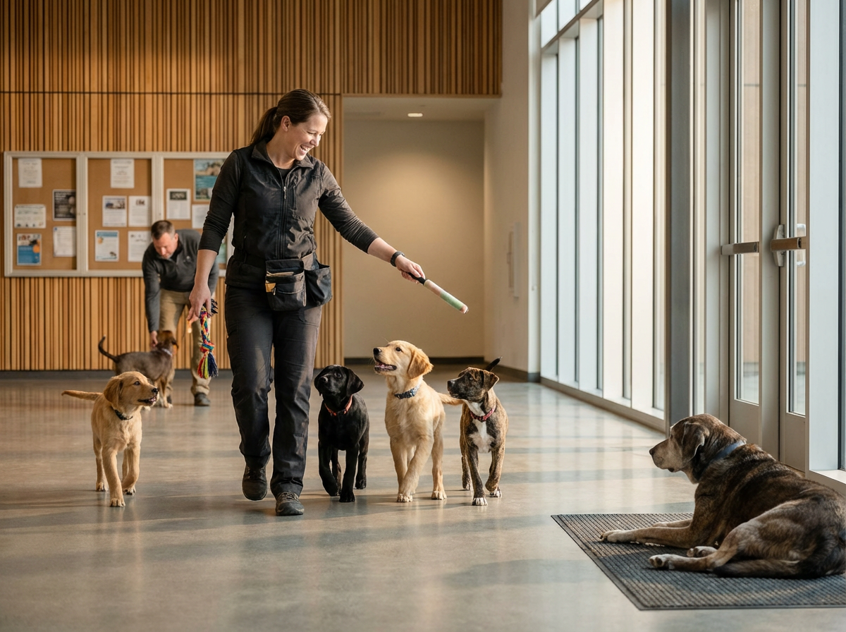 Woman training a group of dogs indoors with a clicker, while another dog lies on the mat near the door.