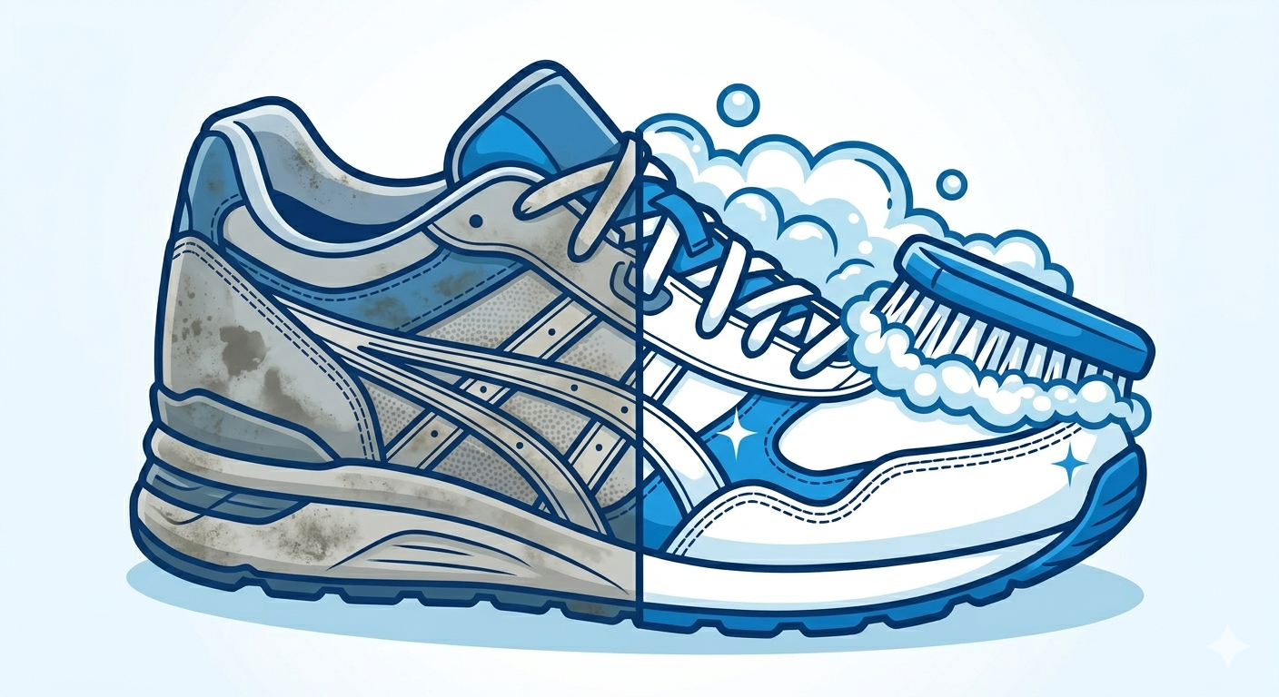 A pair of athletic sneakers with soap and water bubbles, indicating cleaning or disinfecting.