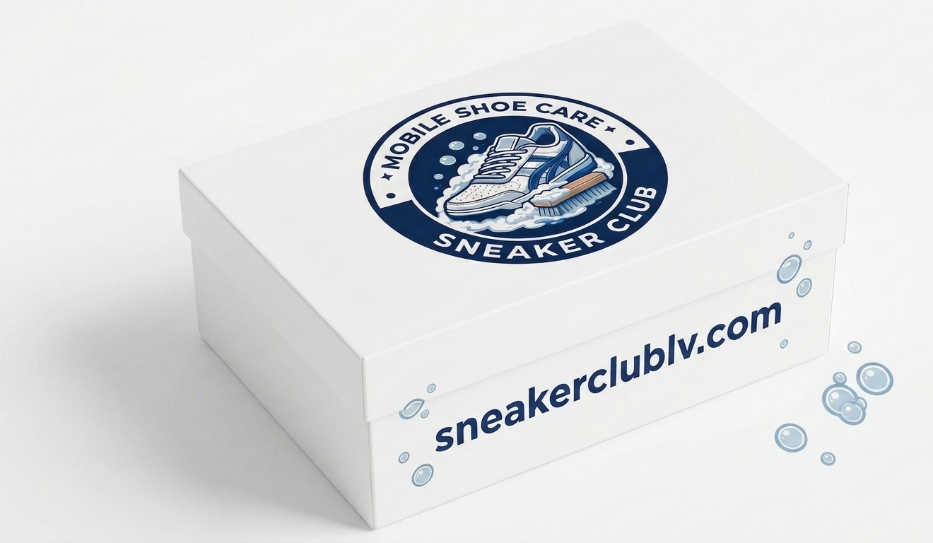 White shoebox with a sneaker care club logo on the lid and website URL on the side, surrounded by soap bubbles.