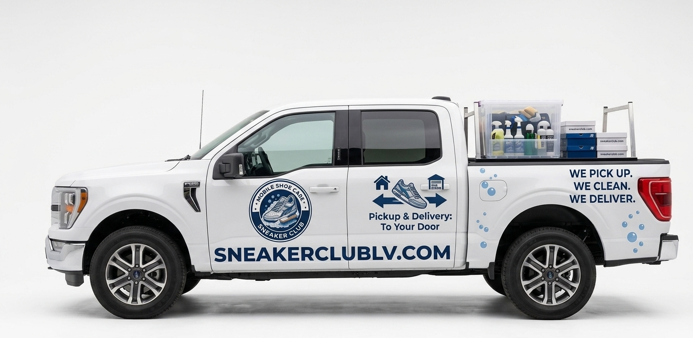 White pickup truck with branding for sneaker cleaning and delivery service, including company's website, logo, and slogan.