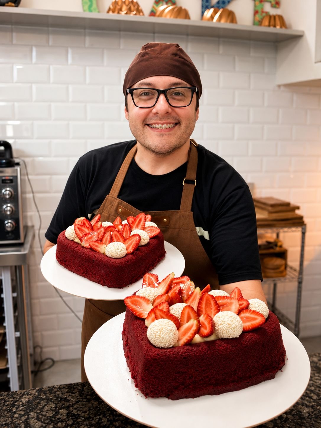 Homem sorridente segurando dois bolos de chocolate decorados com morangos e bolas de chocolate branco em um ambiente de cozinha.