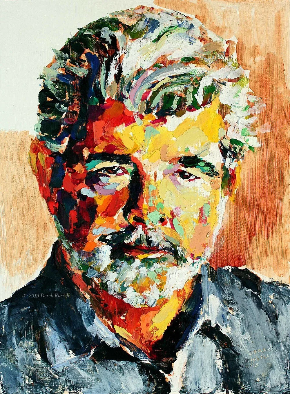 Abstract portrait of George Lucas, creator ofStar Wars franchise, with his trademark white hair and beard, wearing his standard denim button up. Painted with bold, colorful brushstrokes.