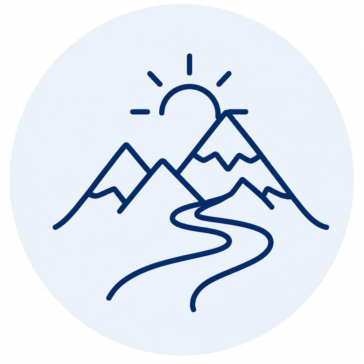 Line drawing of mountains, a winding river, and the sun rising or setting behind the peaks.