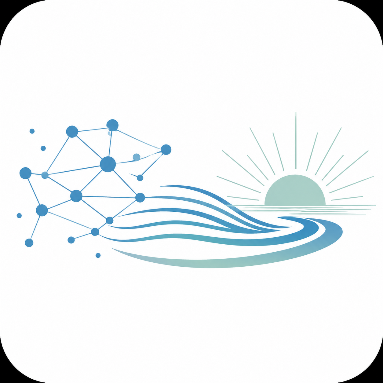 Representation of a sunrise over water with water molecules on the left side, connected by lines, indicating scientific or molecular theme.