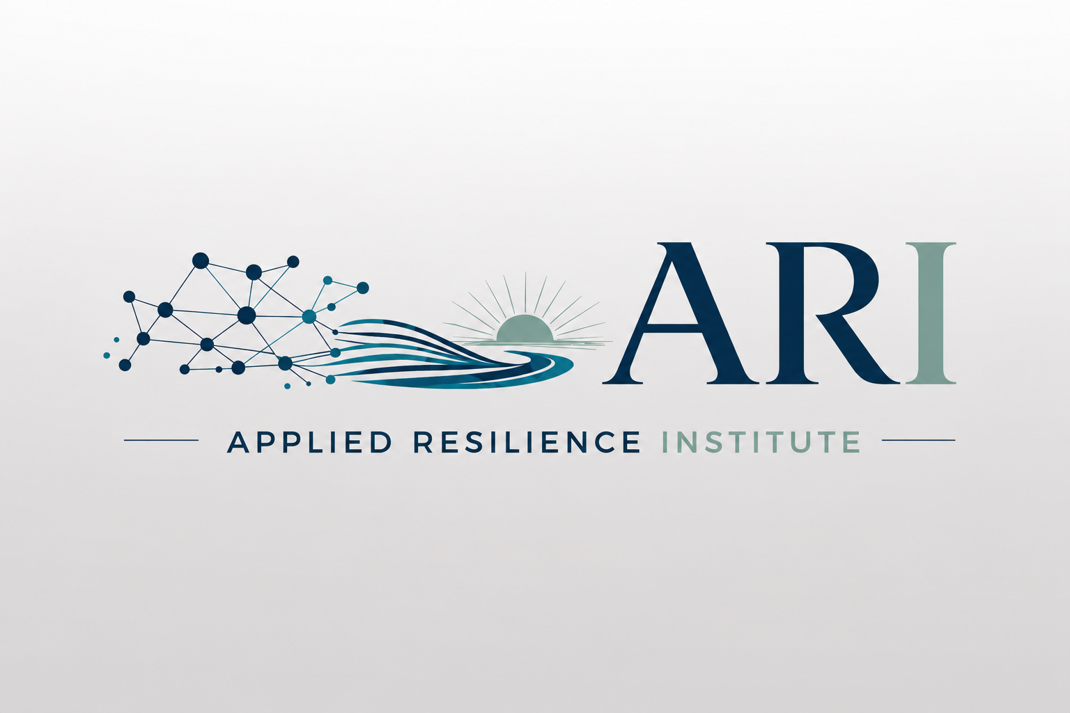 Logo for the Applied Resilience Institute (ARI) featuring interconnected nodes, a rising sun, and the text ARI and applied resilience institute.