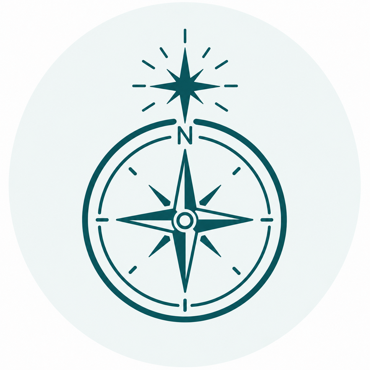 A compass with North marked at the top, featuring a decorative star-like design at the north point and a circular face with percentage markings.
