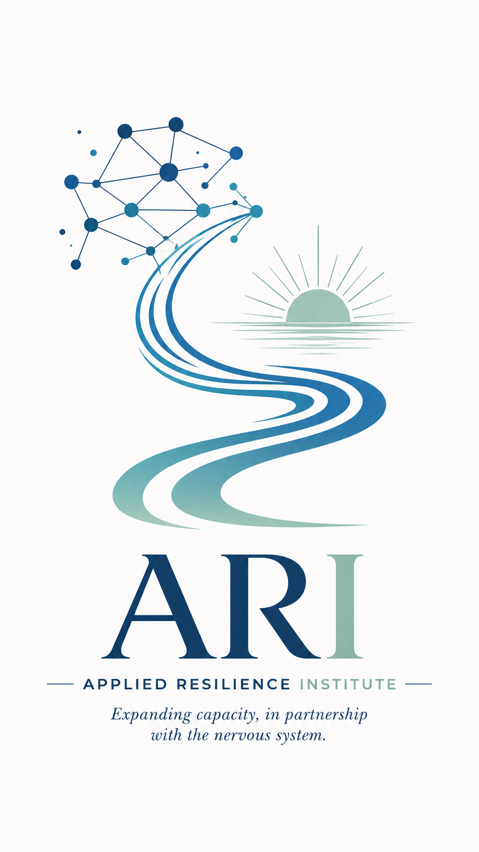Logo for the Applied Resilience Institute featuring a stylized river, a sun, and a neural network graphic, with the text 'ARI' and the tagline 'Expanding capacity, in partnership with the nervous system.'