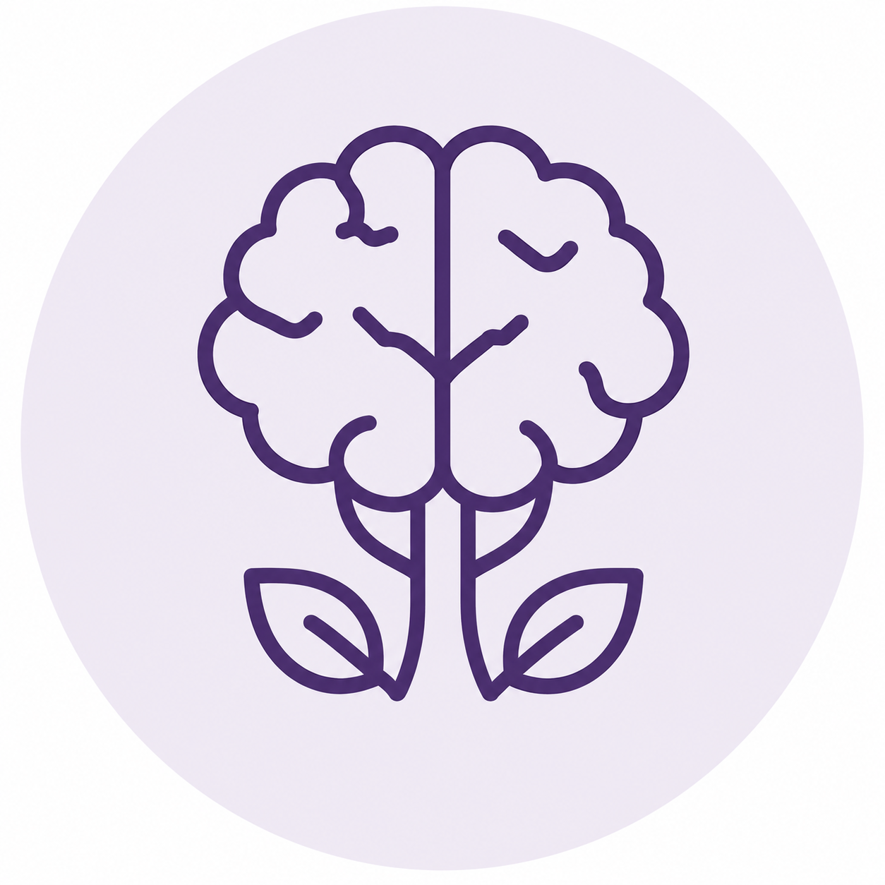 Minimalist line drawing of a brain with a plant stem and leaves emerging from the bottom, symbolizing growth or mental health.