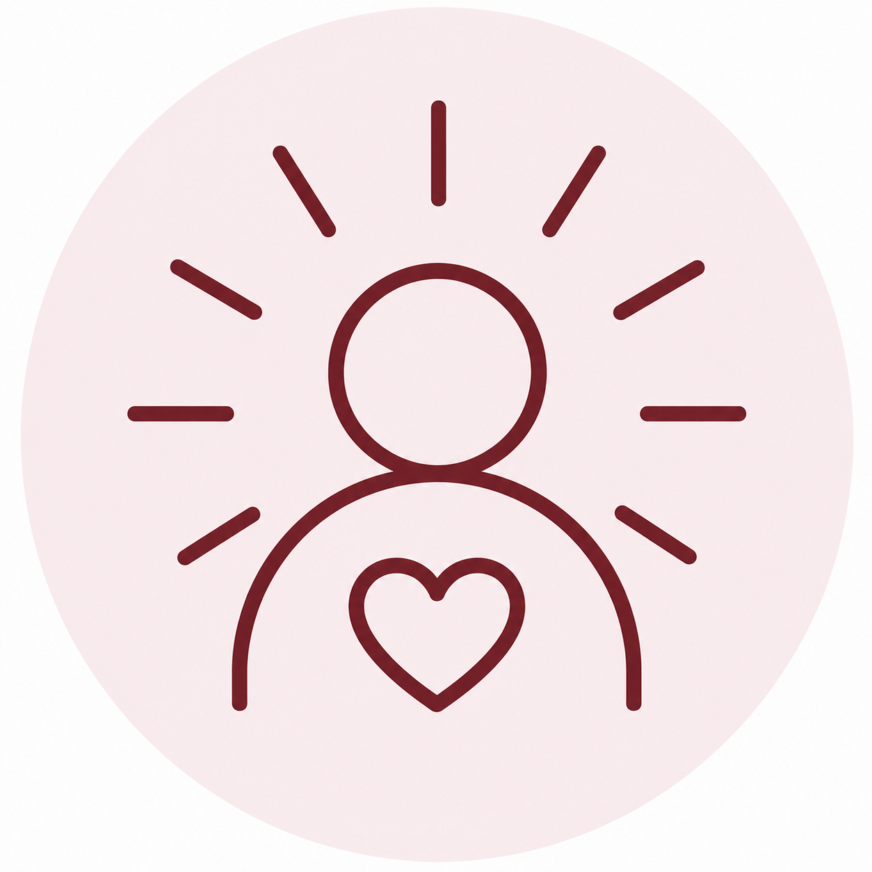 Simple line drawing of an abstract person with a heart on the chest, surrounded by radiating lines, indicating love or warmth.