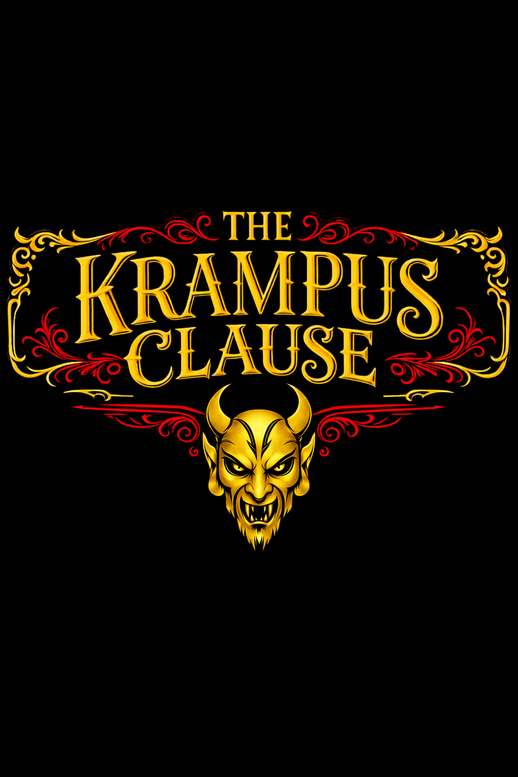 Title card for 'The Krampus Clause' featuring a mischievous, horned, yellow devil face with sharp teeth, set against a black background with ornate red and yellow decorative elements.
