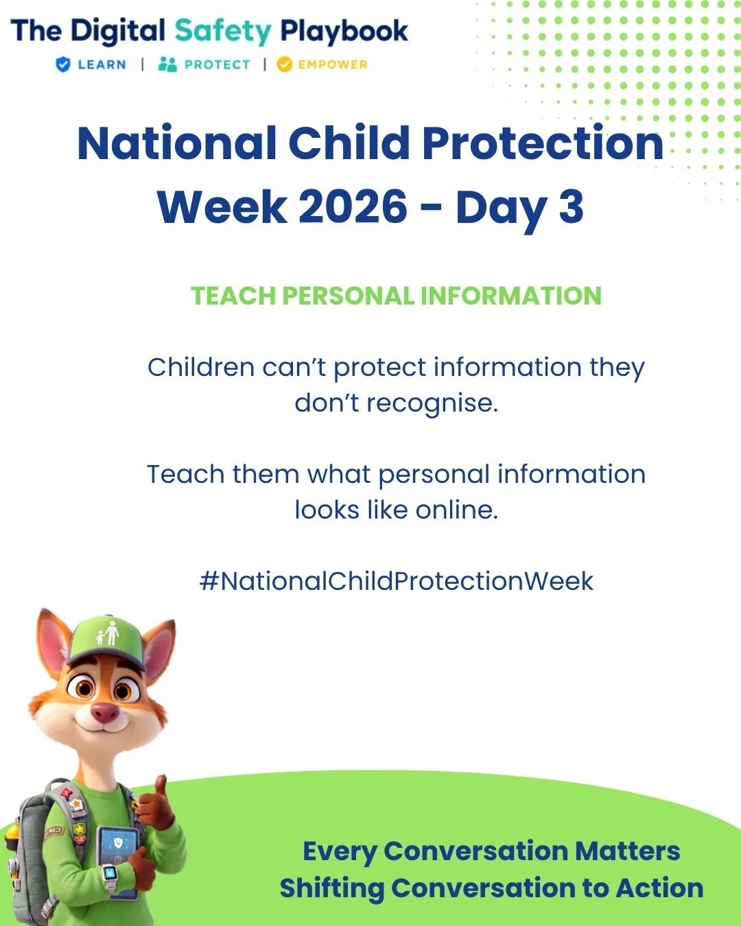 We tell children not to share personal information, but first we need to teach them how to recognise it.

Names, birthdays and addresses matter, but so can school uniforms, sporting clubs, locations and details hidden in photos.

#NationalChildProtec