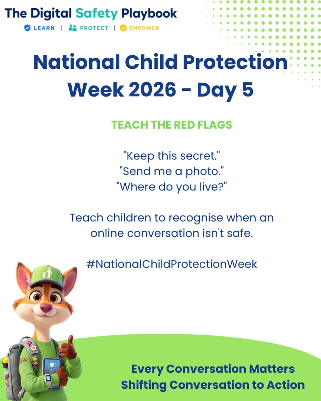 Unsafe online interactions aren&rsquo;t always obvious.
Help children recognise requests for personal information, secrecy, photos or private conversations as signs that it&rsquo;s time to stop, leave and tell a trusted adult.
#nationalchildprotectio