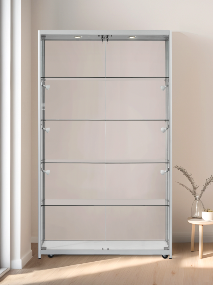 Aluminium Tower Showcase Display Cabinet - Silver