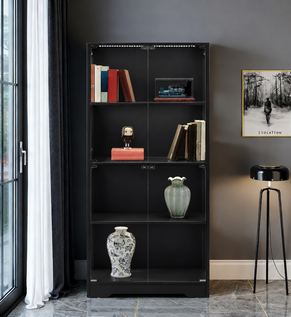 Tri-Color Tower Showcase Display Cabinet - Black