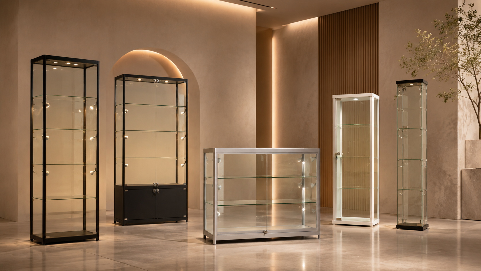 Empty display cases and glass cabinets in a modern showroom with beige walls and wooden accents.