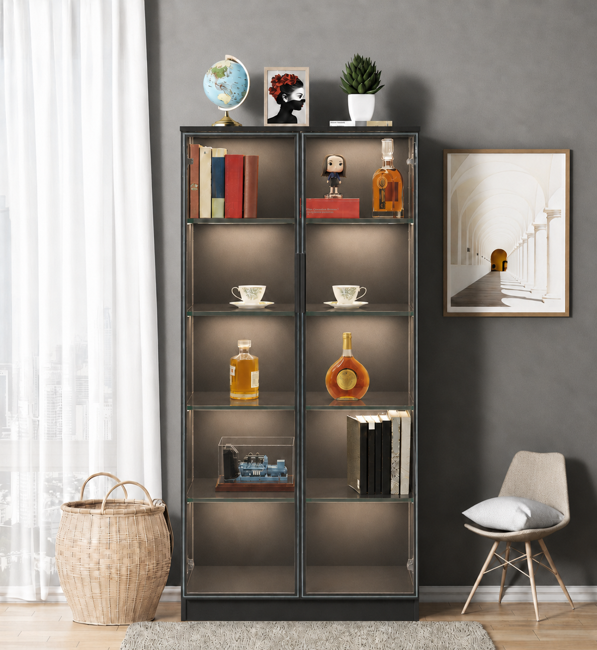 Tri-Color Tower Showcase Display Cabinet - Black