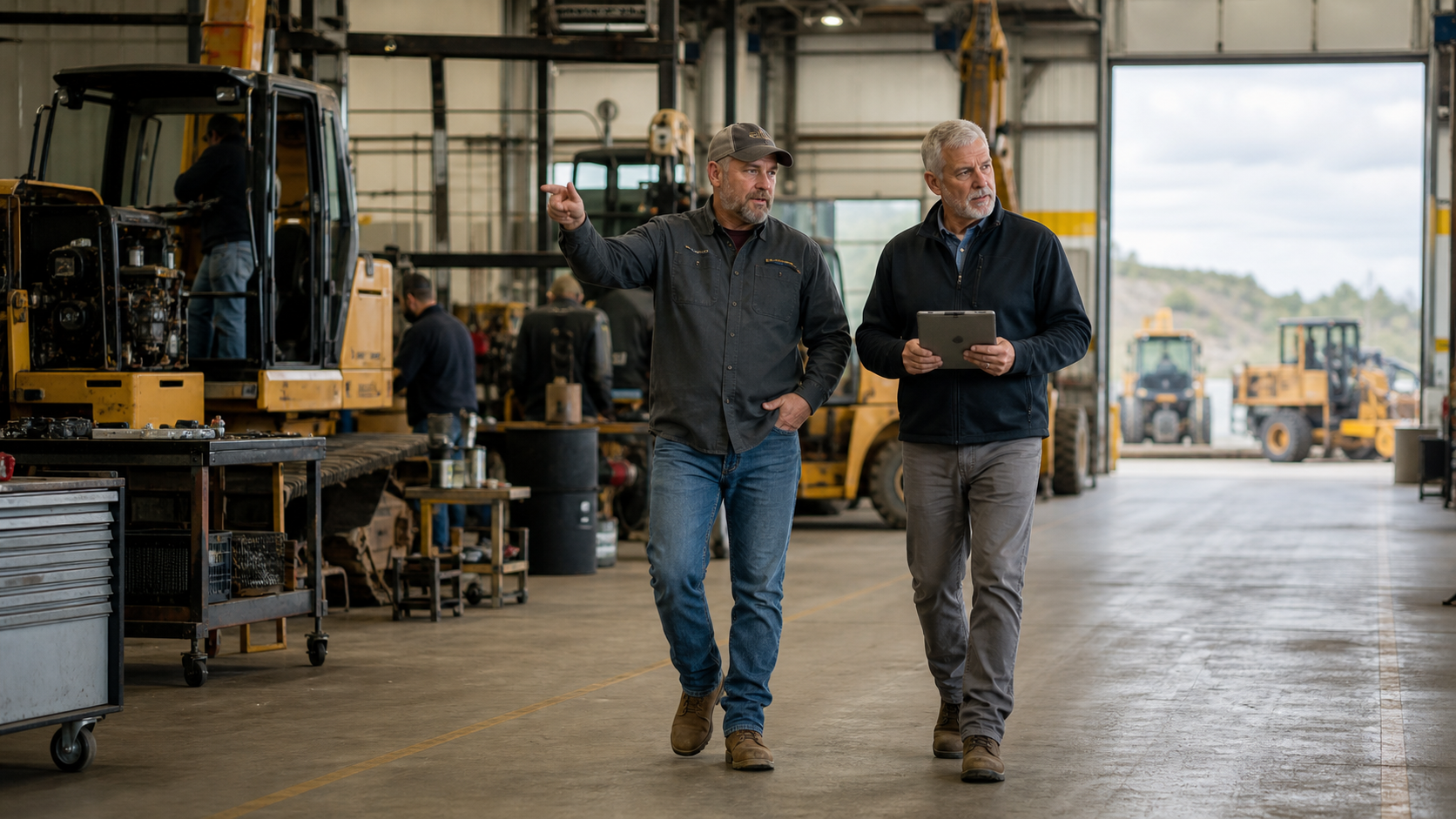 Two industrial operators assess workflow in a heavy-equipment service facility.