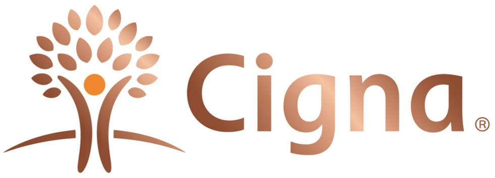 Cigna logo featuring a stylized tree with brown leaves and an orange circle in the center, alongside the word "Cigna" in brown lettering.