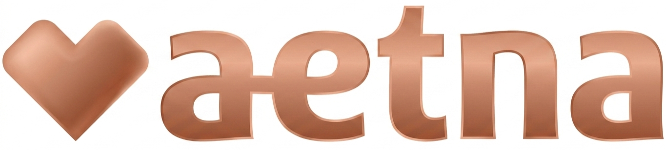 The image displays the text 'Aetna' in large, metallic bronze-colored letters, with a heart symbol to the left of the text.
