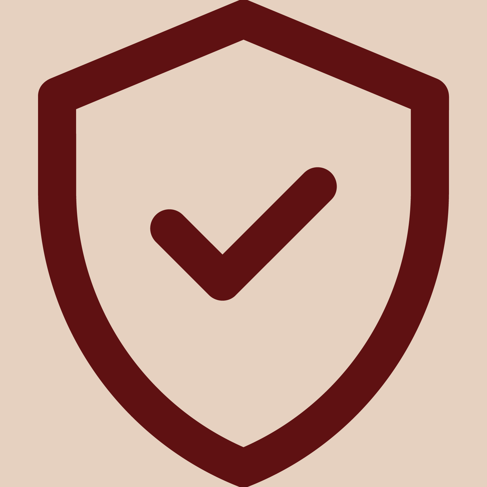 Icon of a shield with a check mark inside it, in dark red color on a light beige background.