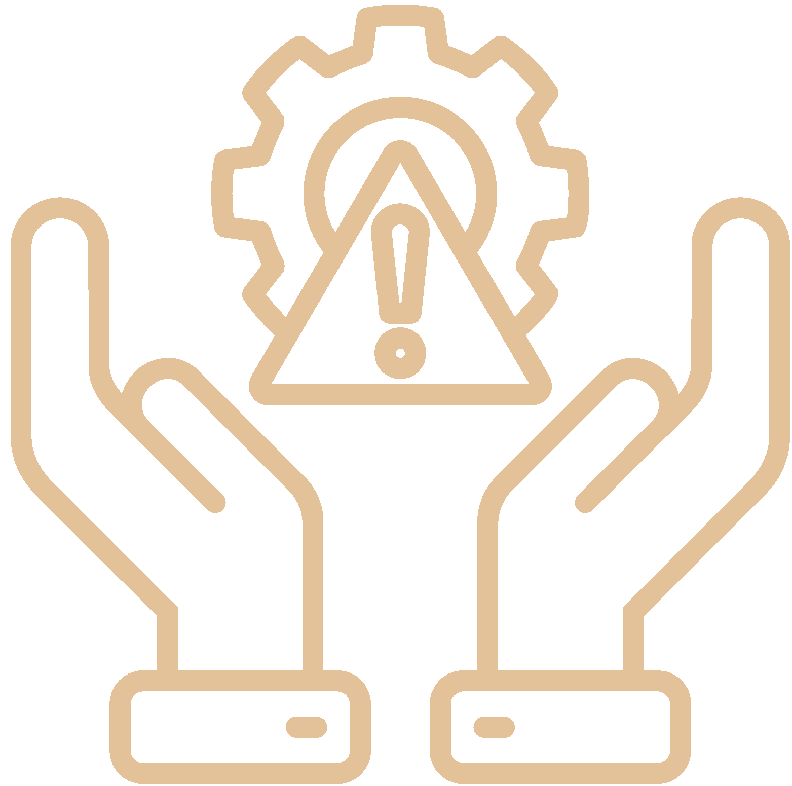 Illustration of two hands holding a warning sign with an exclamation mark inside a triangle, behind which a gear symbolizes caution or alertness in machinery or technology.
