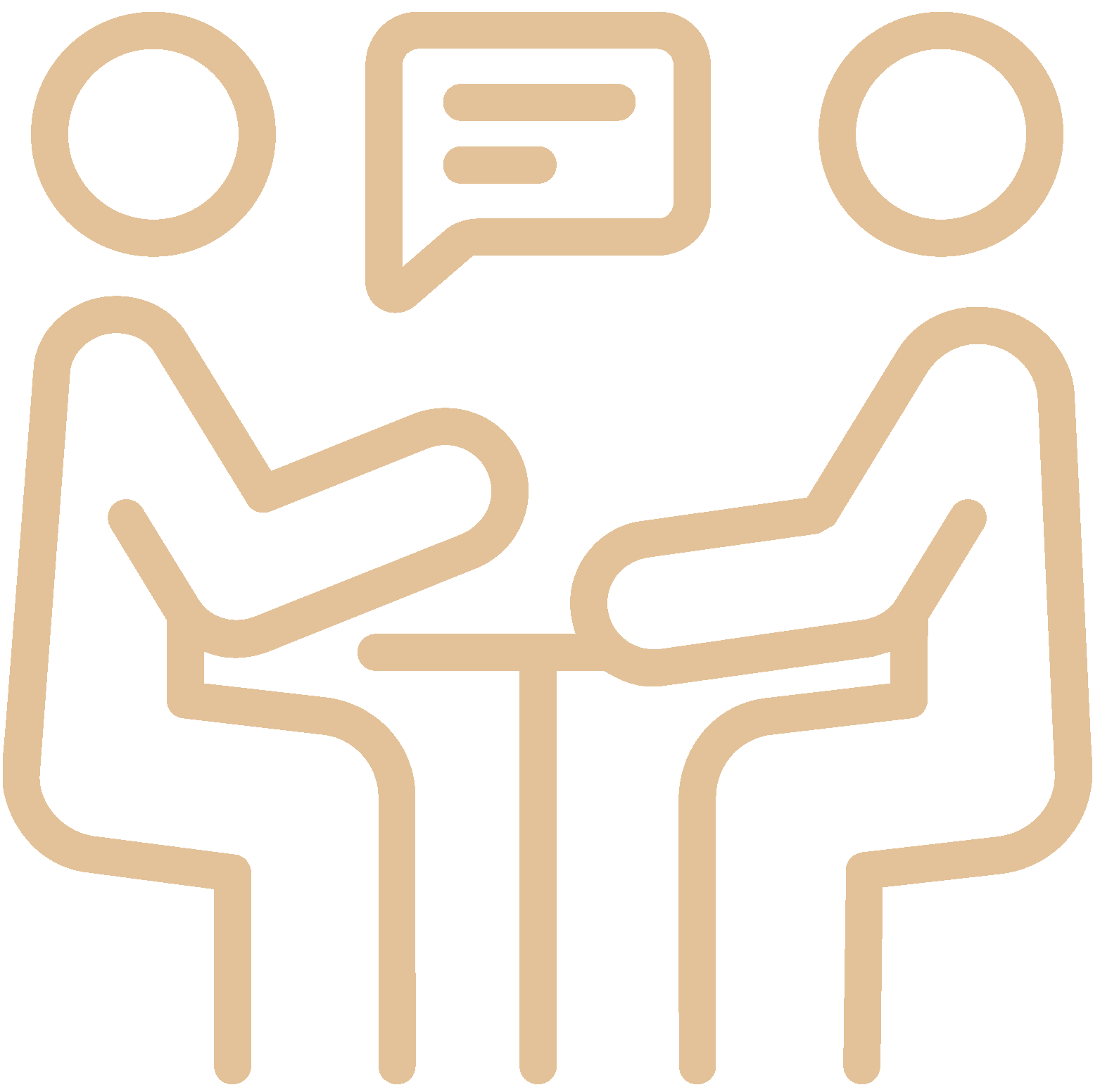 Outline icon of two chairs and a small table between them, with a speech bubble above.