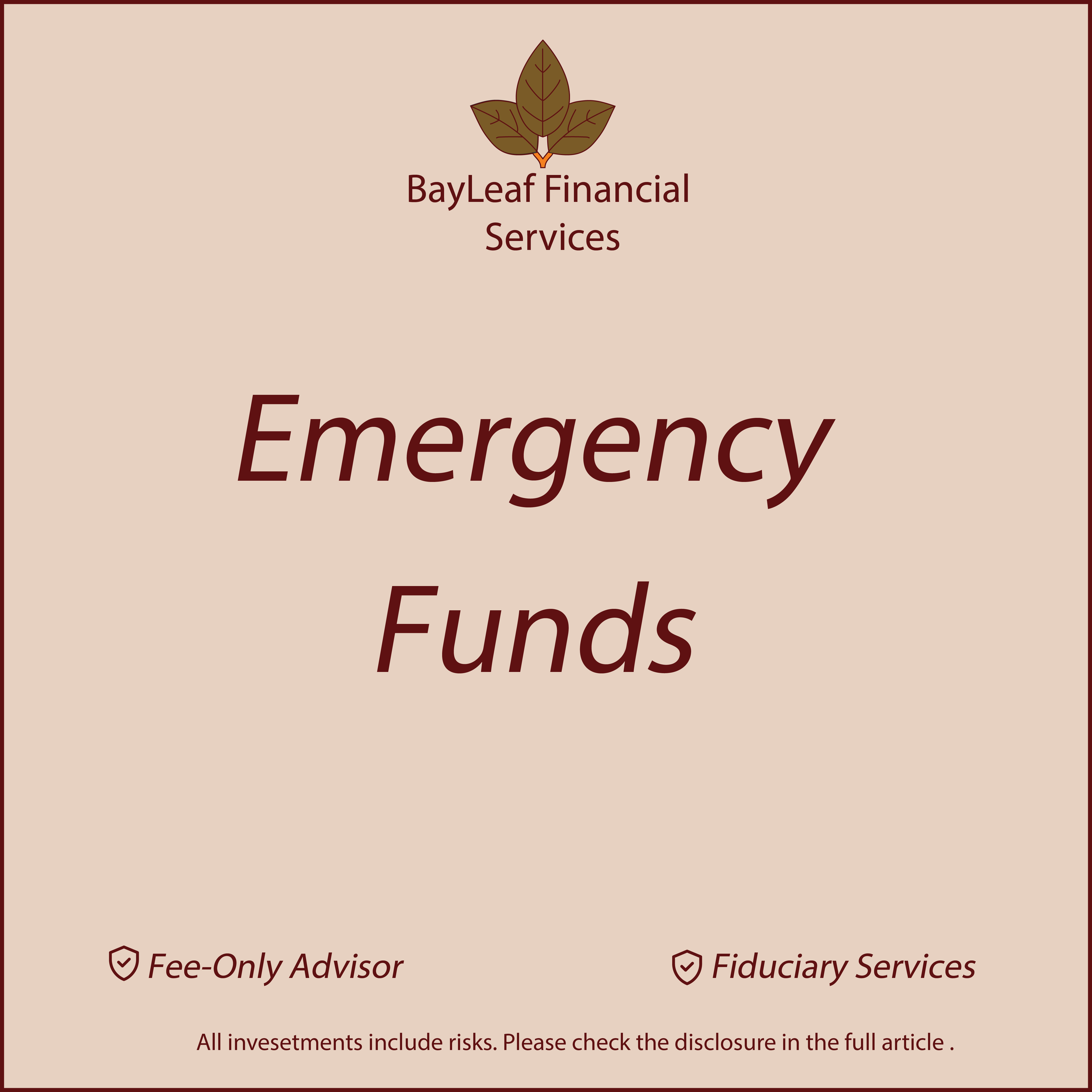 BayLeaf Financial Services logo with three brown leaves above the text. The background is beige with maroon borders.