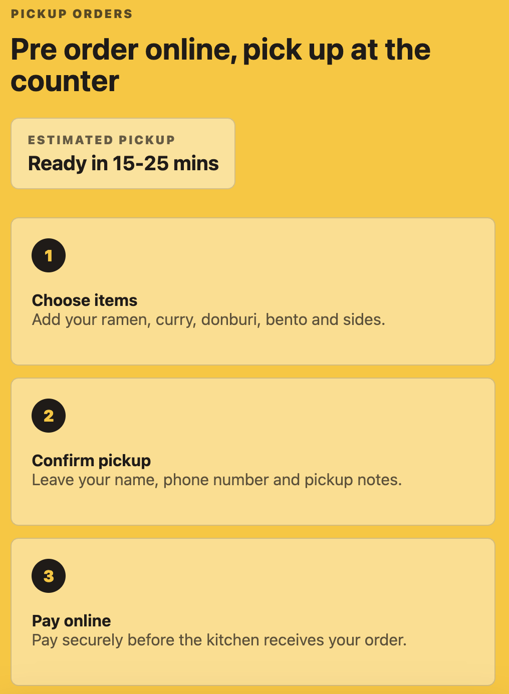 Restaurant pickup instructions on a yellow background outlining three steps: 1. Choose items like ramen, curry, donburi, bento, and sides; 2. Confirm pickup by leaving name and phone number; 3. Pay online before order is received.