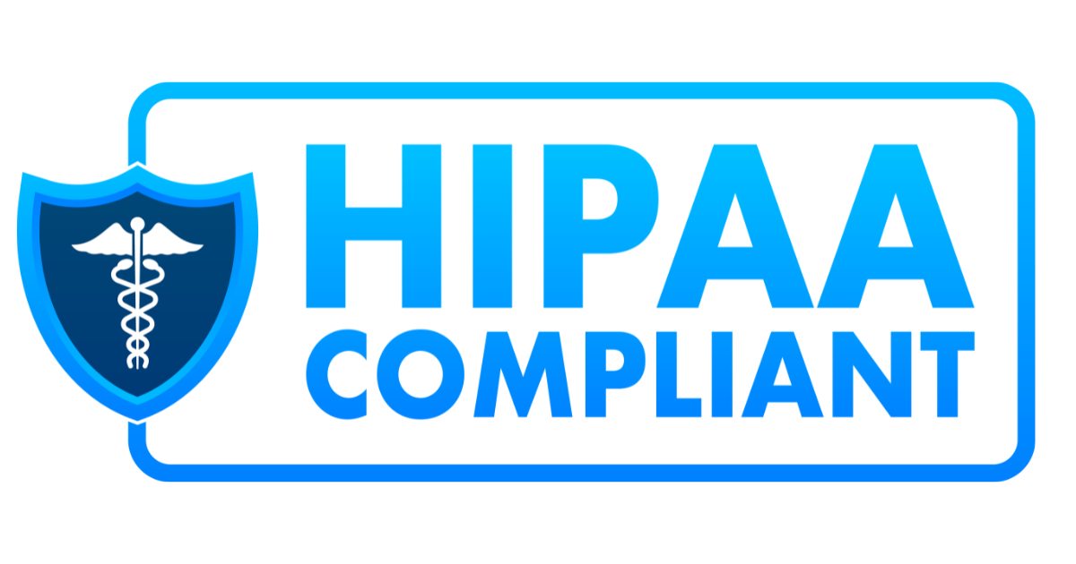 Blue HIPAA compliant badge with a shield featuring a caduceus symbol.