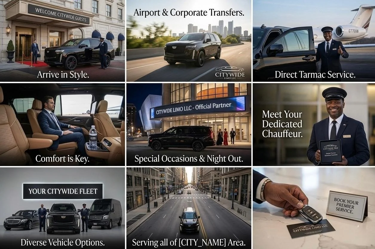 Collage of images showing a luxury car service. Top left: hotel entrance with a black car and staff, caption 'Arrive in Style.' Top middle: black car on the road, caption 'Airport & Corporate Transfers.' Top right: chauffeur giving thumbs up near private jet, caption 'Direct Tarmac Service.' Middle left: man in luxury vehicle interior, caption 'Comfort is Key.' Middle center: modern building with citywide limo sign, caption 'Special Occasions & Night Out.' Middle right: chauffeur with device, caption 'Meet Your Dedicated Chauffeur.' Bottom left: fleet of luxury vehicles with staff, caption 'Diverse Vehicle Options.' Bottom middle: car on city street, caption 'Serving all of [CITY_NAME] Area.' Bottom right: hand holding car key next to booking sign, caption 'Book Your Premier Service.'
