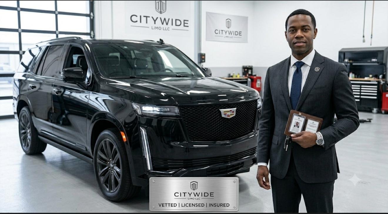 A man in a business suit standing next to a black Cadillac SUV in a showroom with citywide Limo LLC signage. The man is holding a license and a key wallet, and the environment appears professional with large windows and tools in the background.