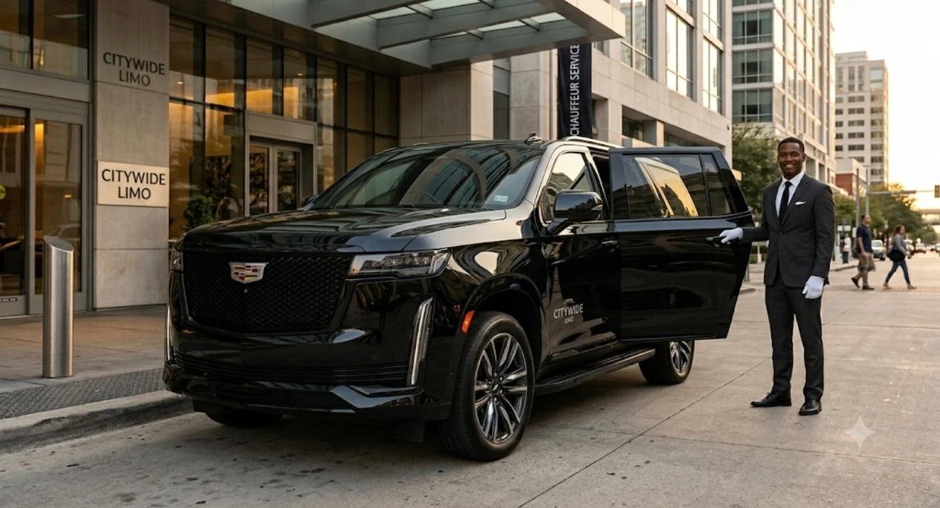 A professional chauffeur in a black suit and white gloves standing beside a black Cadillac citywide limo, opening the rear door, in an urban setting with modern office buildings and pedestrians in the background.