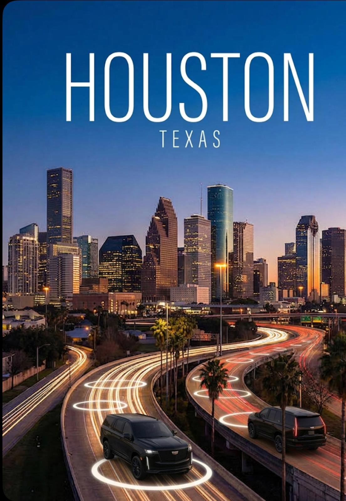 Nighttime cityscape of Houston, Texas with illuminated skyscrapers, palm trees lining the highway with light trails from vehicles, and a clear sky.