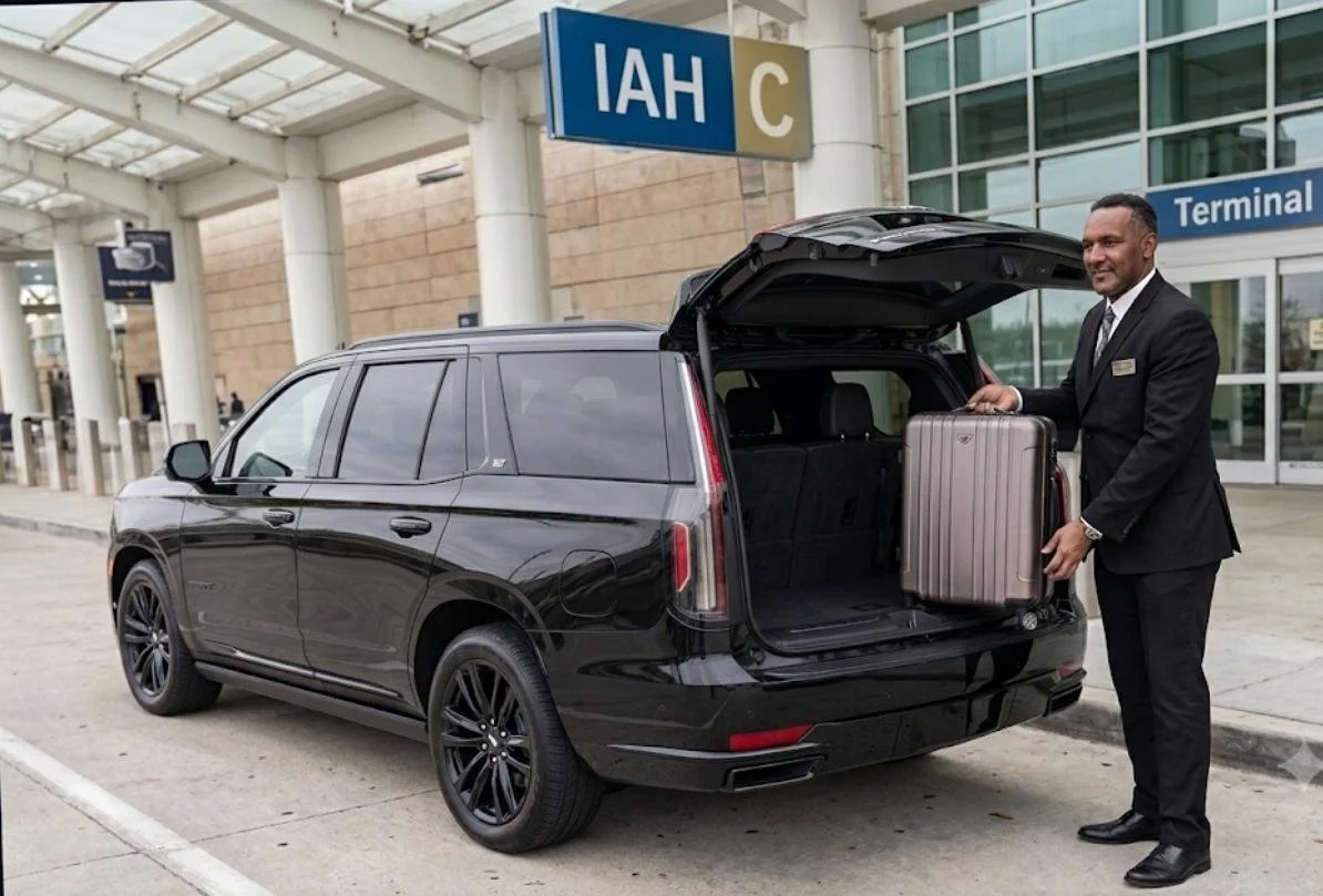 A man in a suit loading a suitcase into the trunk of a black SUV at an airport terminal.