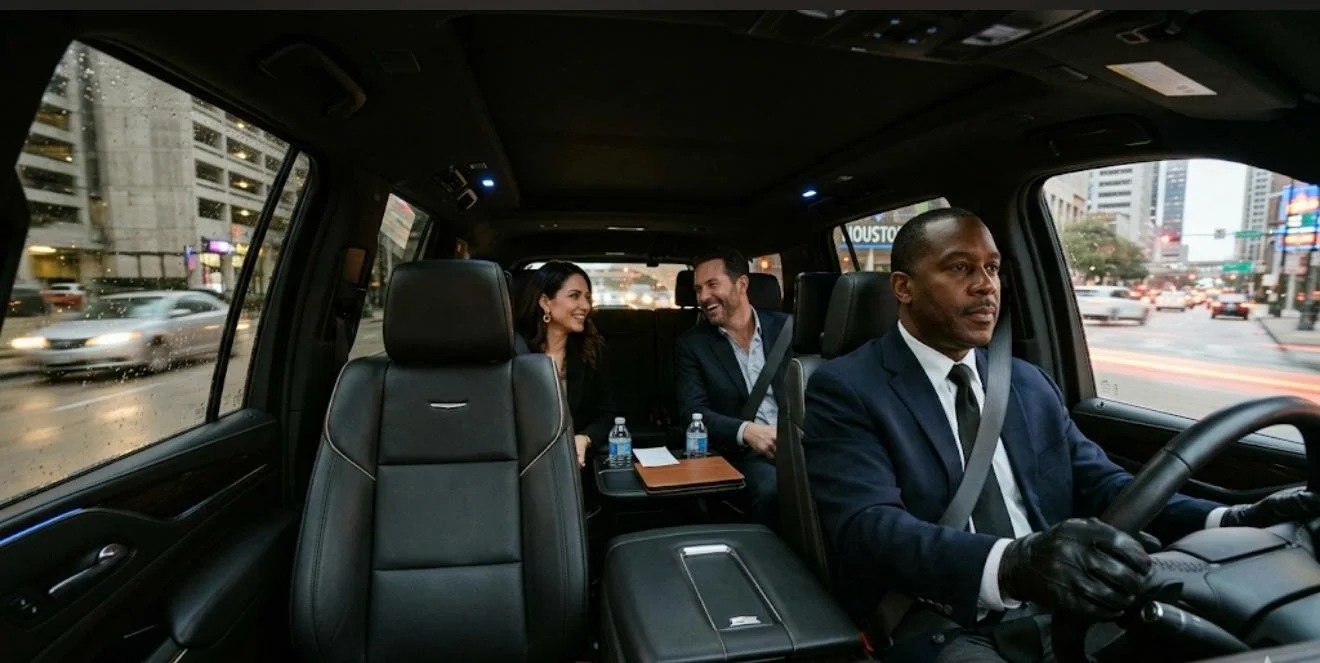 Men and women in business attire riding in a black SUV on a city street.