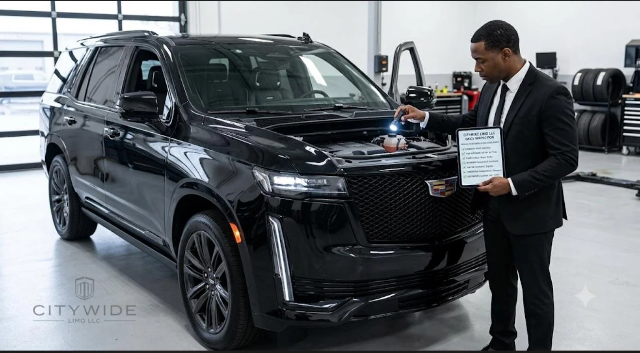A man in a black suit inspecting a black SUV with a flashlight in a well-lit garage or showroom. The man holds a clipboard with a document.