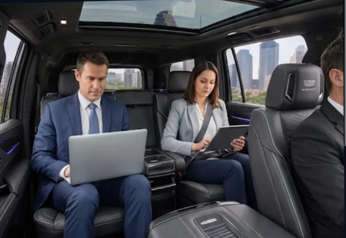 Three businesspeople working on laptops and tablets inside a luxury car with city skyline views.