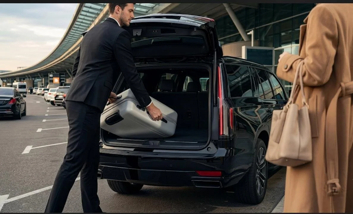 A man in a suit loading a suitcase into the trunk of a black SUV at an airport.