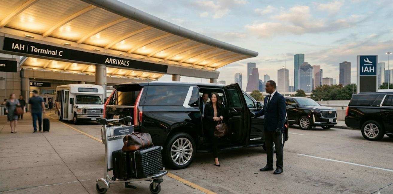 Passengers arriving at Houston's George Bush Intercontinental Airport, with the entrance to Terminal C visible, several cars and a shuttle bus, and a city skyline in the background.