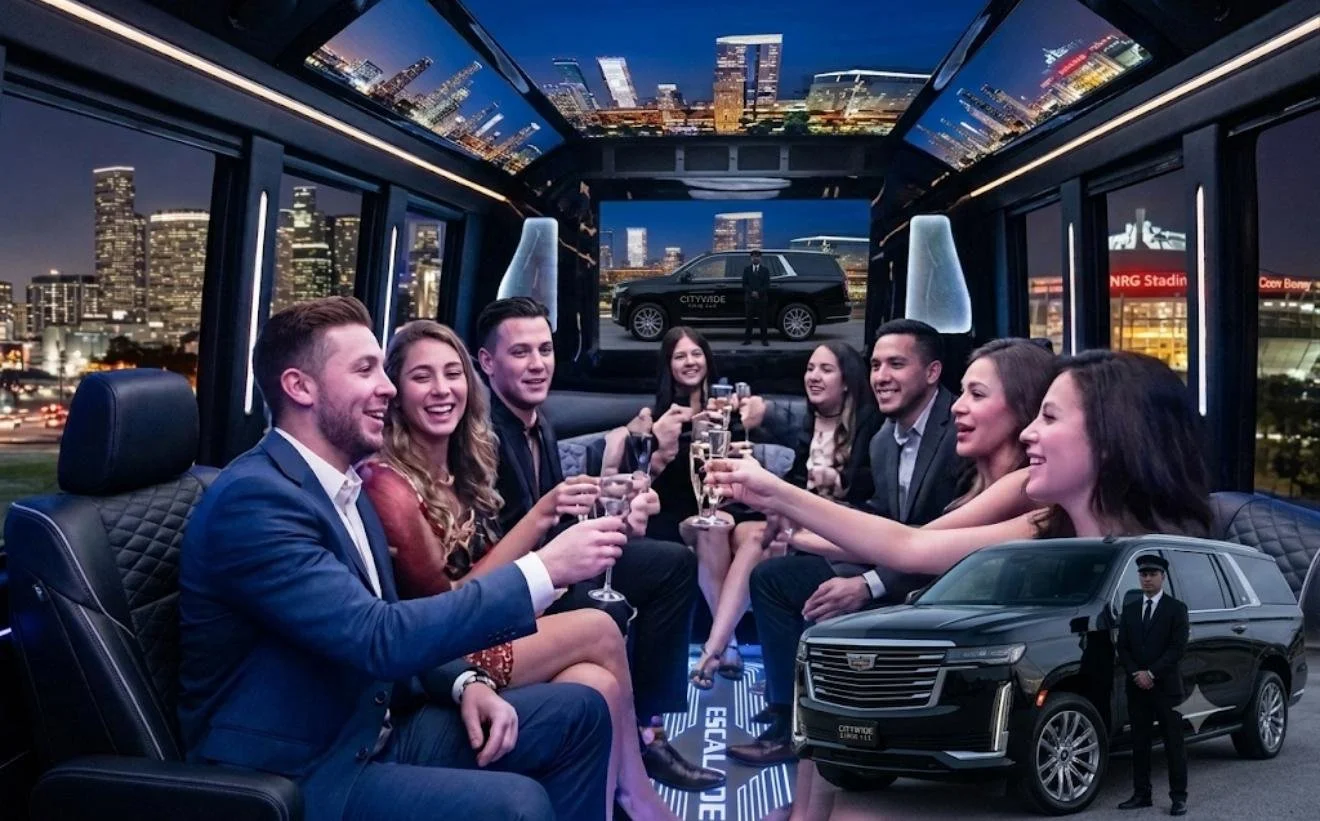 A group of friends dressed in formal attire enjoying champagne in a luxury vehicle with city skyline views at night, featuring a Cadillac SUV and a black vehicle with citywide branding.