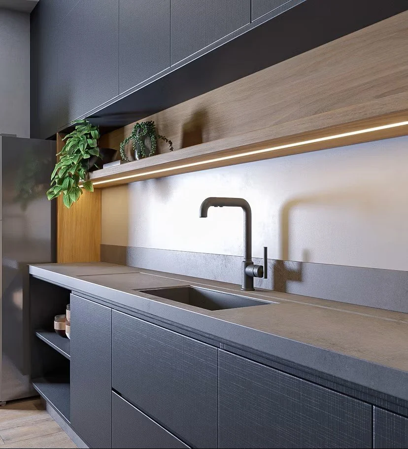 Modern kitchen with black cabinetry, a wooden shelf with plants, and a black faucet over the sink.