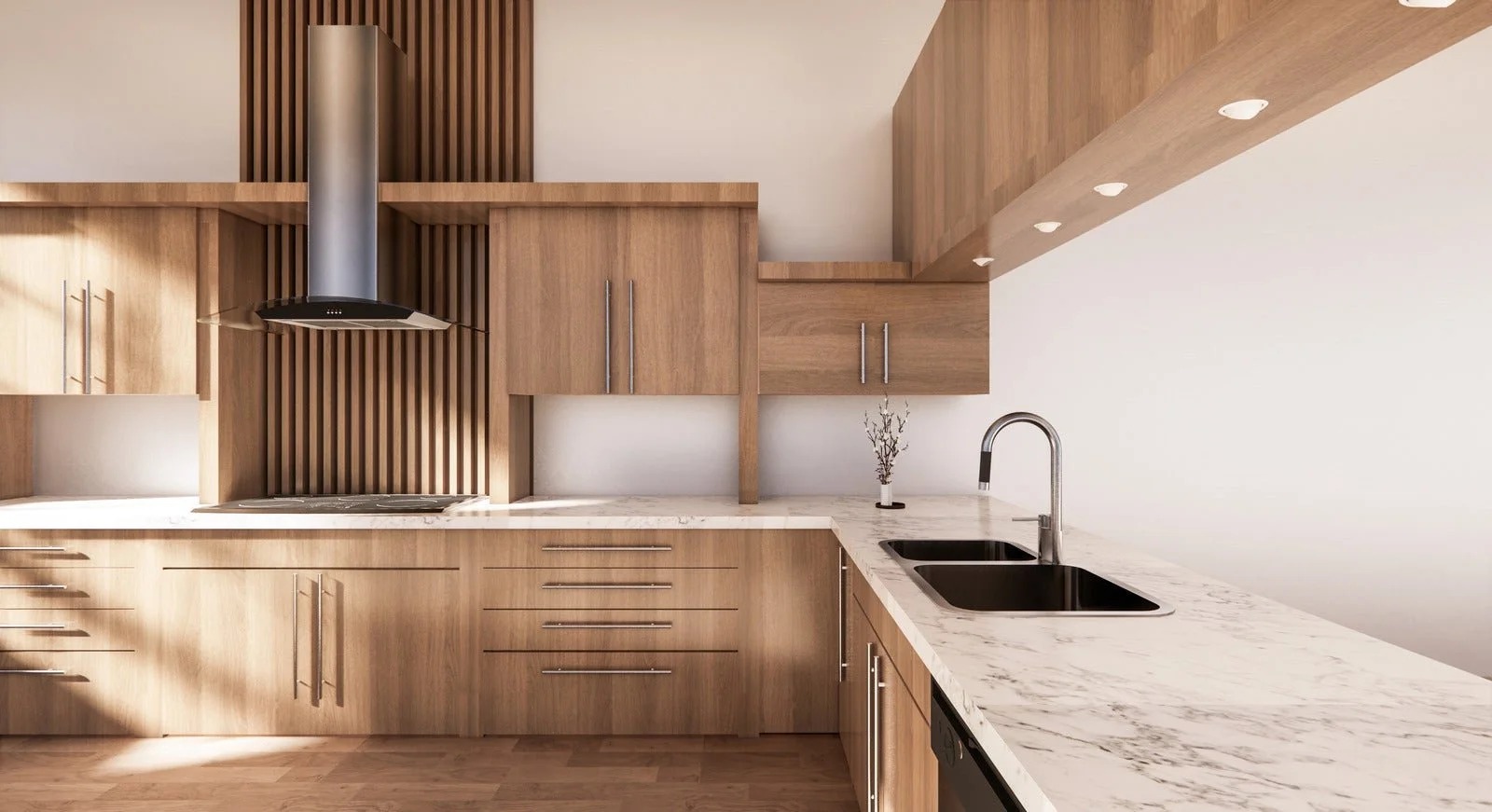 Modern kitchen with wooden cabinets, marble countertops, black double sink, stovetop with a chimney hood, and a small plant on the counter.