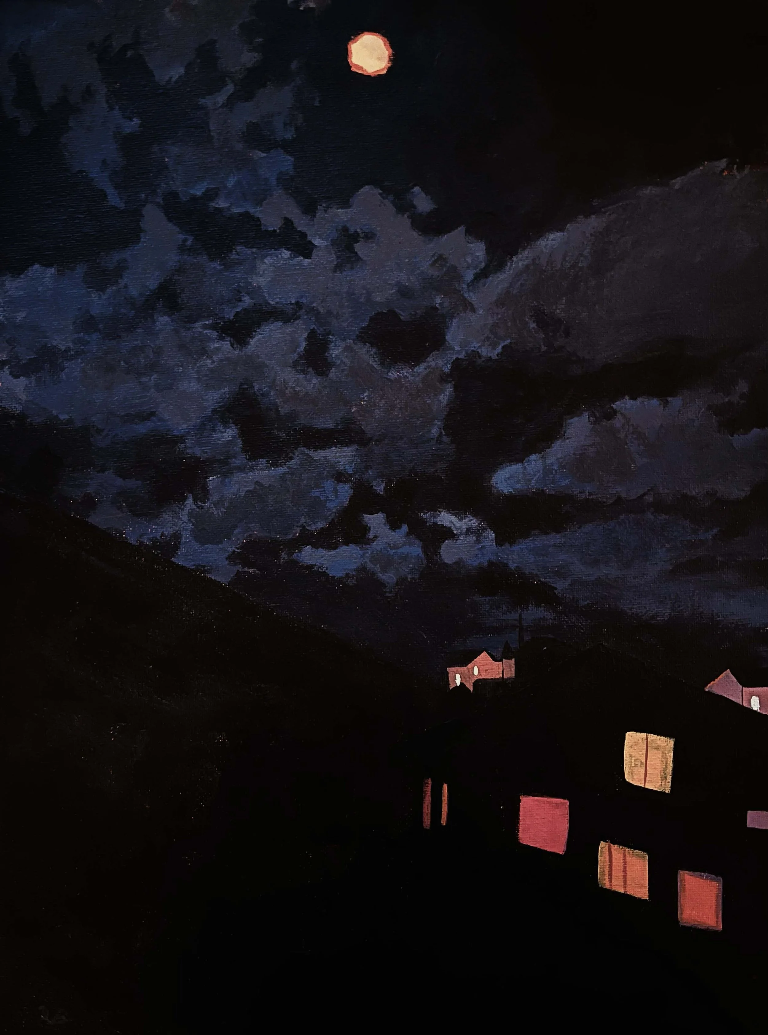 Houses at Night, Acrylic paint on canvas sheet, 12x16 inches, 2023
