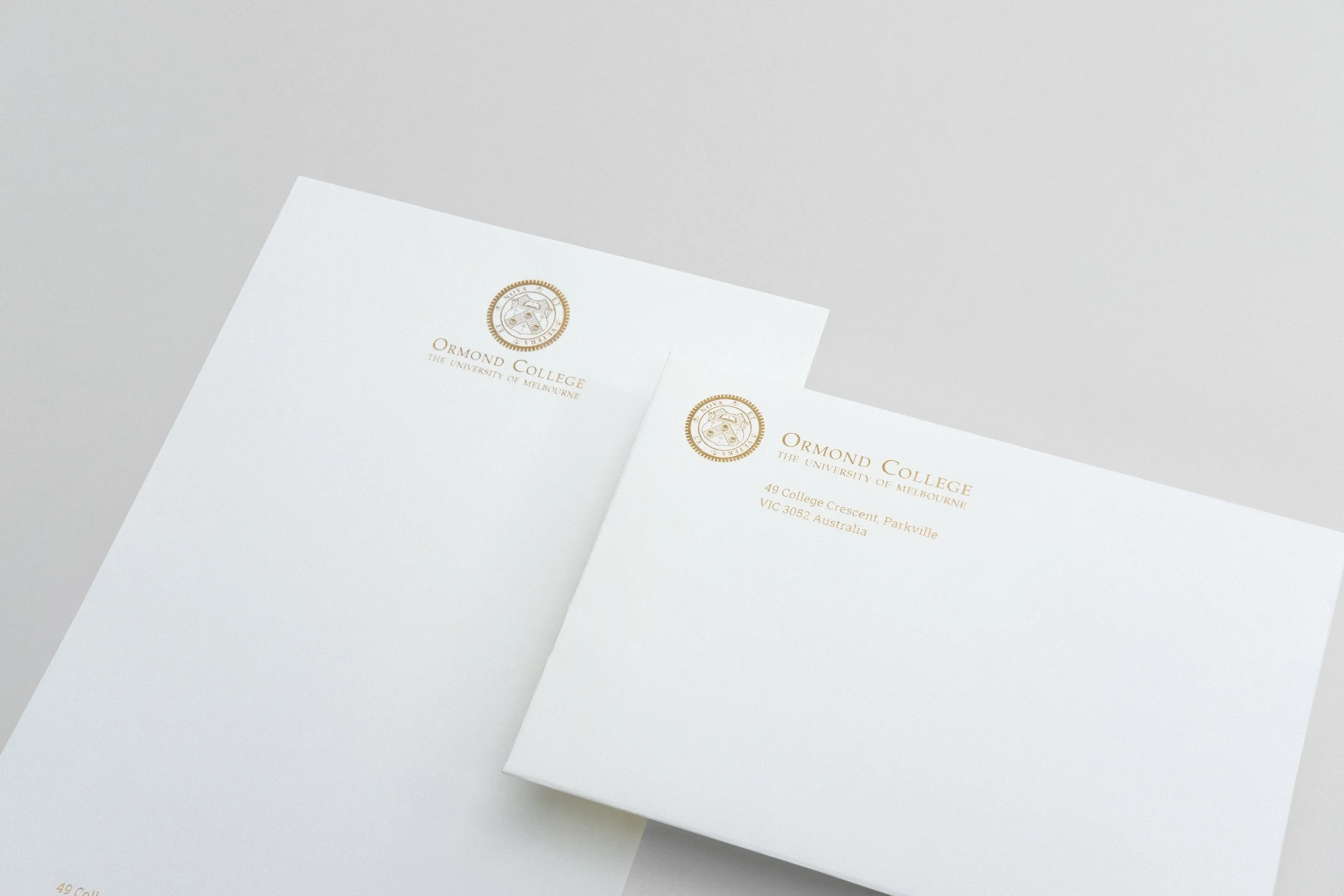 Ormond College gold foil stationery graphic design