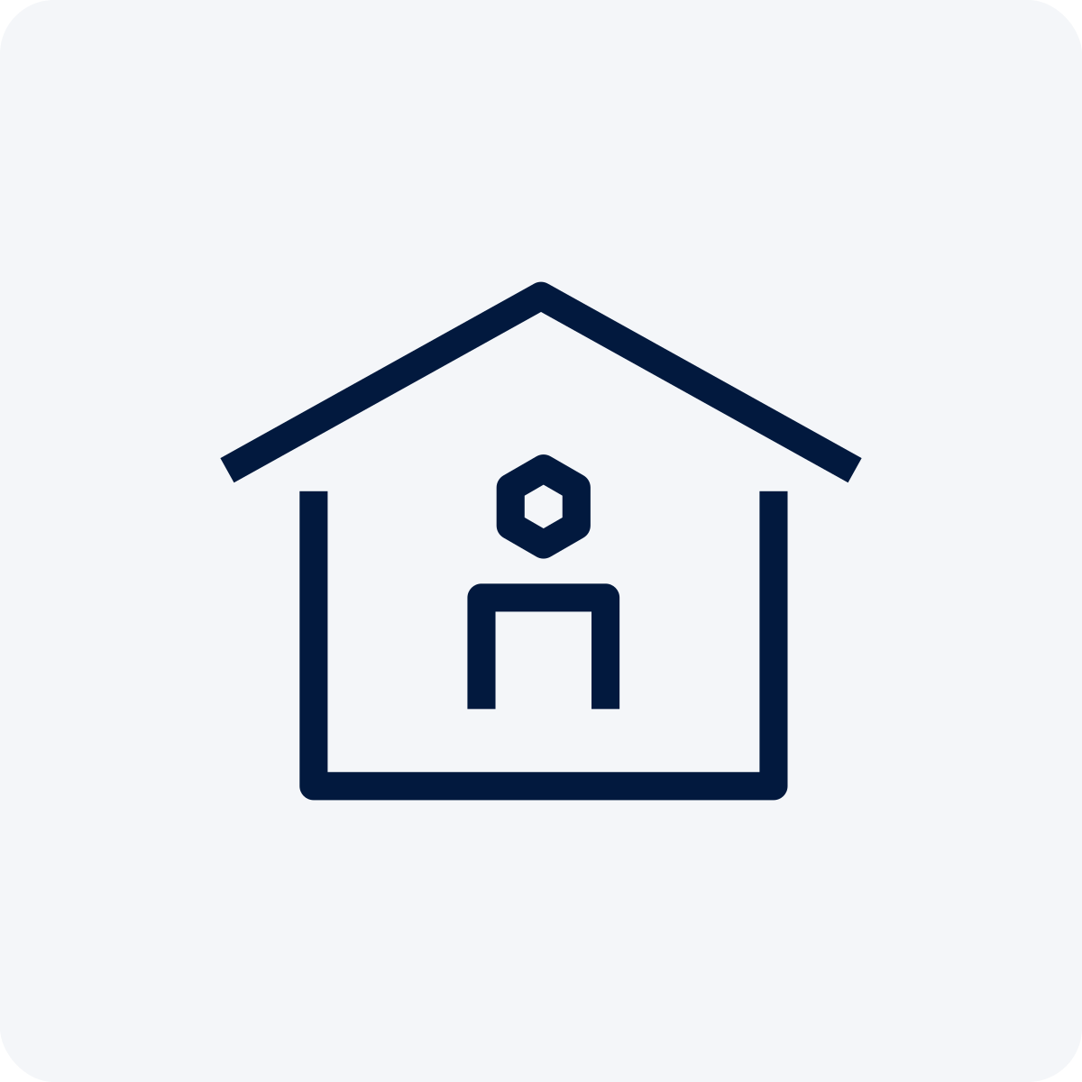 Line drawing of a house with a door and a window on the front, with a pitched roof.