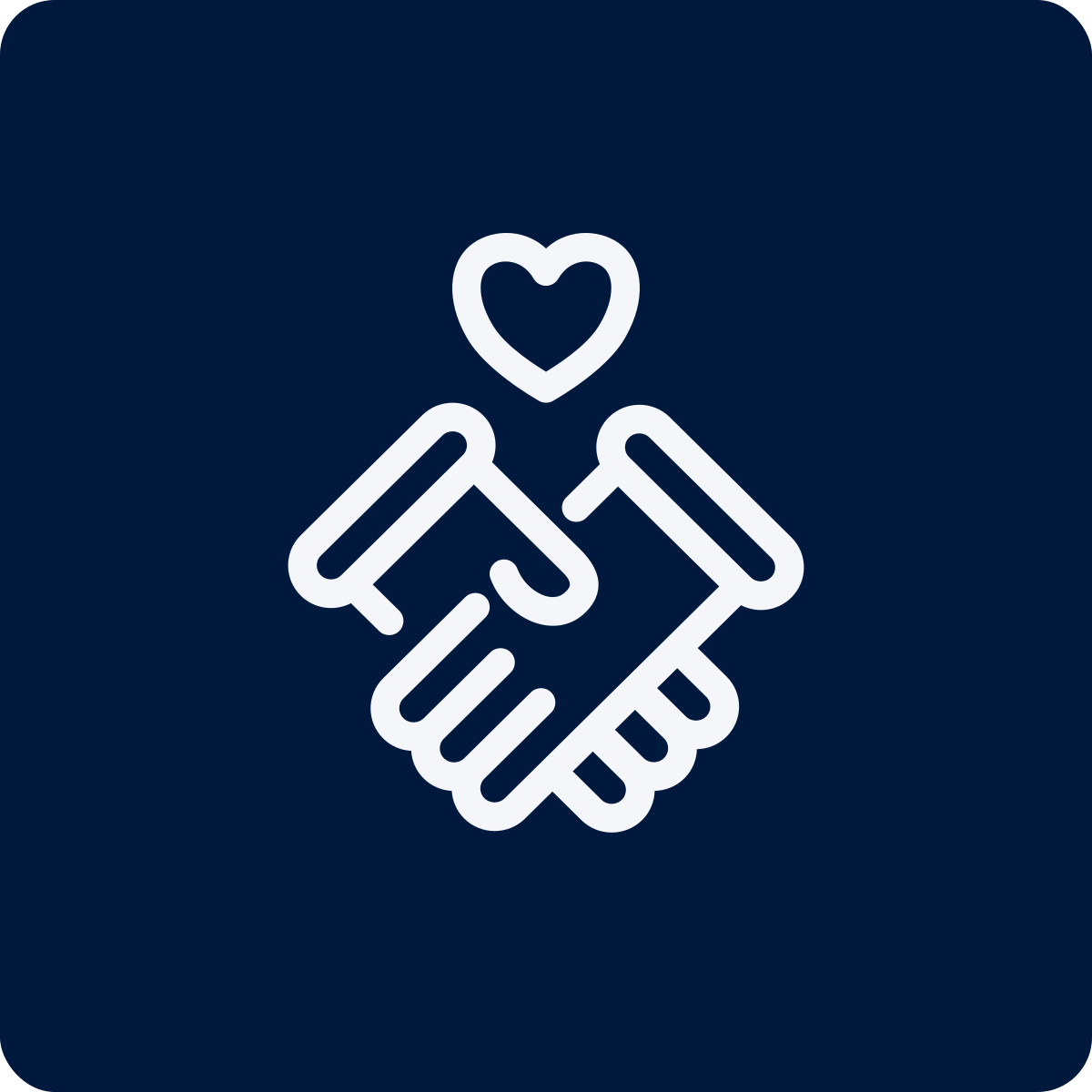 Icon of two hands shaking with a heart above them on a dark background.