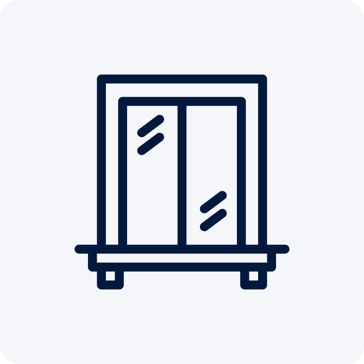 Line drawing of a closed two-door cabinet with glass doors and a flat base.